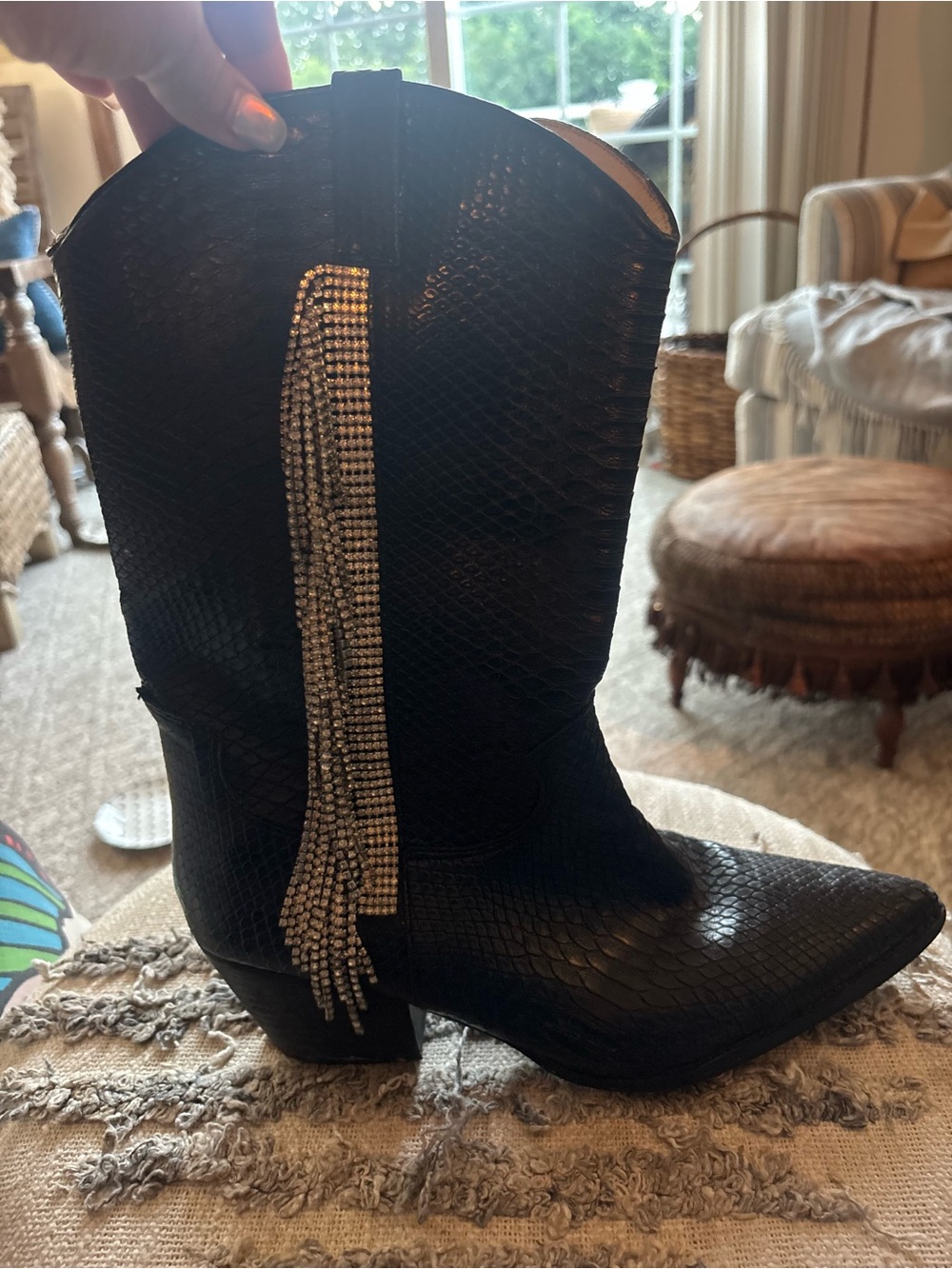 Black Rhinestone Fringe Western Combat Boots